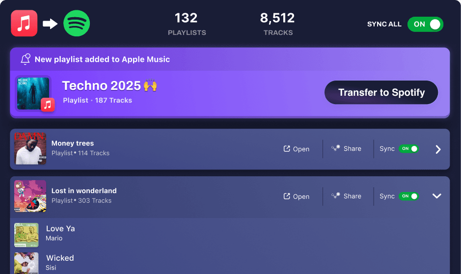 Tune My Music Transfer Dashboard