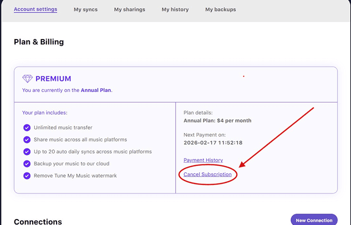 The Cancel Subscription link highlighted under the Plans & Billing section of Tune My Music account settings