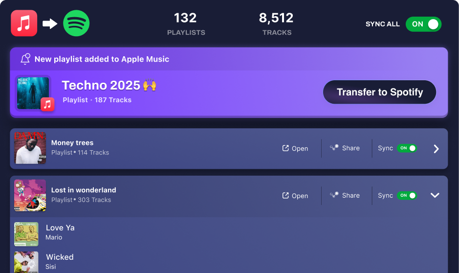 Tune My Music Transfer Dashboard